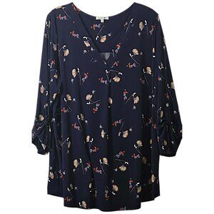 Beacon 2X Blouse Navy Floral 3/4 Roll Tab Sleeve V-Neck Stretch
